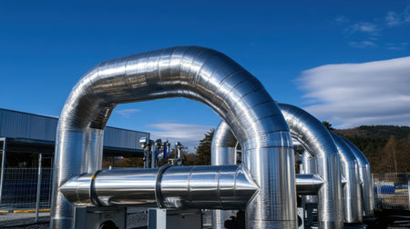 A detailed view of metallic pipeline structures under a clear blue sky, showcasing modern industrial architecture and advanced engineering in a facility environment.の素材