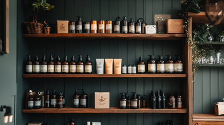 A beautifully arranged selection of beauty and skincare products showcased on wooden shelves, perfect for wellness enthusiasts seeking natural elegance in their space.の素材