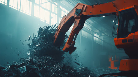 An industrial scene featuring a powerful excavator as it manages scrap metal piles in a recycling facility, highlighting the significance of efficient waste processing and recycling.の素材