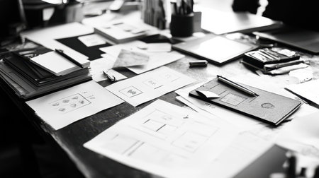 A black and white image showcasing a creative workspace filled with sketches, papers, and artistic tools, emphasizing the essence of design and inspiration.の素材