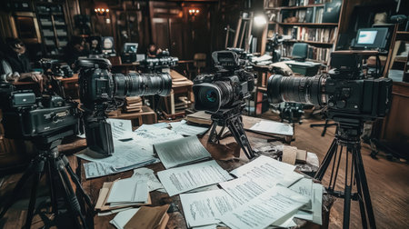 This image captures a vintage photography studio filled with multiple cameras, old documents, and warm lighting, creating a nostalgic and creative atmosphere perfect for artistic inspiration.の素材