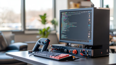 A sleek computer workstation showcasing a vibrant keyboard and gaming controller beside a coding screen, set in a bright, modern office space with ample sunlight.の素材