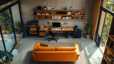 A stylish workspace featuring a vibrant orange sofa, modern desk setup, and ample natural light, creating a perfect environment for creativity and productivity.の素材