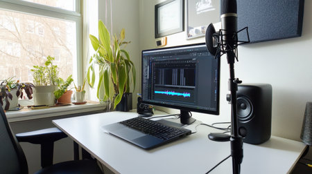 Bright and inviting home office featuring a computer, microphone, and indoor plants, ideal for remote work or creative tasks in a peaceful environment.の素材