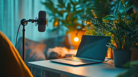 A cozy home office setup featuring a laptop, microphone, and indoor plants, illuminated by warm light, creating an inviting atmosphere for productivity and creativity.の素材