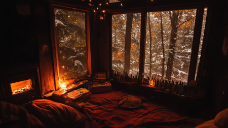 A serene view from a cozy cabin, showcasing warm lighting and a snowy forest landscape outside, creating a peaceful and inviting ambiance ideal for relaxation.の素材