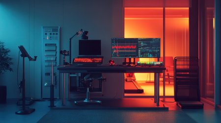 A modern home office featuring dual monitors and an ergonomic chair, illuminated by colorful ambient lights. This setup promotes productivity and creativity in a sleek, stylish environment.の素材