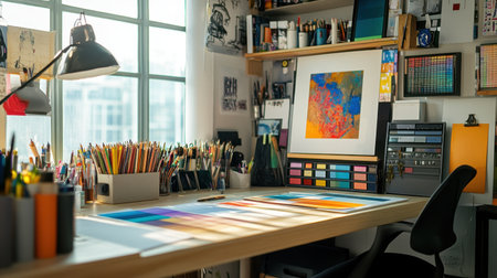 A bright art studio showcasing a vibrant collection of colorful supplies, paintings, and artistic tools, illuminated by natural light through large windows.の素材