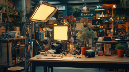 A cozy photography studio filled with natural light, featuring a wooden table adorned with cameras, tools, and greenery. An inspiring space for creativity.の素材