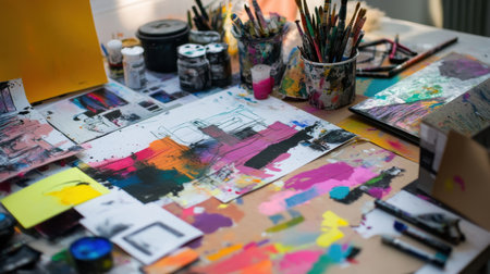 Explore a vibrant art workspace filled with colorful paints, brushes, and dynamic sketches showcasing the beauty of creative expression and artistic process.の素材
