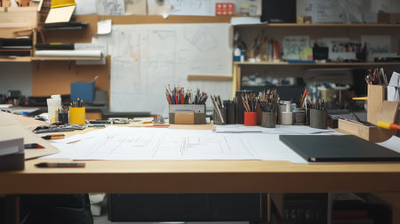 A modern design studio filled with essential tools and artistic materials. This inspiring workspace captures the essence of creativity and innovation in architecture.の素材