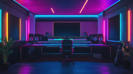 A vibrant and modern music studio featuring neon lights and high-end audio equipment, ideal for creative projects and music production.の素材