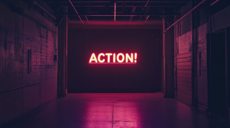 A striking neon sign displaying the word "ACTION!" casts a vibrant glow in a dimly lit corridor, creating an energetic and motivational visual perfect for dynamic projects.の素材