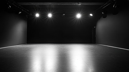 A spacious black studio featuring dramatic lighting ideal for artistic performances, creative projects, or photography sessions, providing a minimalist environment.の素材