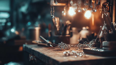 Close-up of a vintage jewelry workshop showcasing sparkling accessories and tools, beautifully lit by warm hanging lights, encapsulating the artistry of craftsmanship.の素材