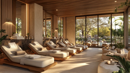 Experience the tranquility of this luxurious spa setting, featuring elegant loungers bathed in natural light and offering a calming view of lush greenery, ideal for relaxation.の素材