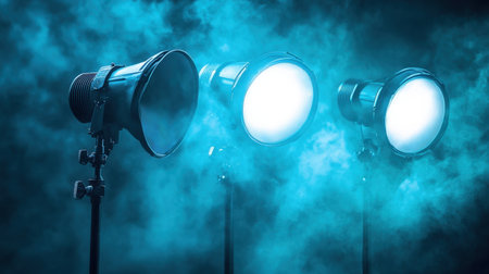 Captivating scene of dramatic stage lighting with blue smoke effects, perfect for photographers and filmmakers looking to enhance their creative projects.の素材