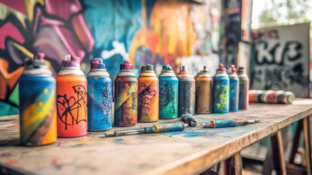 A row of vibrant spray paint cans arranged on a table surrounded by striking street art, exemplifying urban creativity and artistic expression in an outdoor setting.の素材