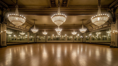 Stunning ballroom featuring grand chandeliers, a polished wooden floor, and elegant architecture, perfect for events, celebrations, and gatherings in a luxurious setting.の素材