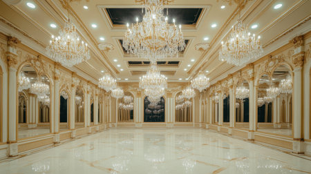 An elegant grand hall featuring ornate chandeliers and a polished marble floor. This luxurious space offers a stunning backdrop for high-end events and celebrations.の素材