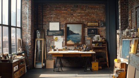 A well-organized artist studio featuring a large wooden desk, vibrant art supplies, and beautiful paintings. Natural light floods the space, enhancing creativity and inspiration.の素材