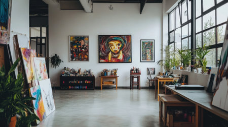 A bright and inviting art studio filled with colorful paintings, artistic supplies, and greenery. This contemporary space inspires creativity and artistic expression.の素材