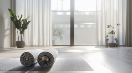 Bright and serene yoga studio with natural light illuminating the space through sheer curtains, creating a tranquil atmosphere for relaxation and mindfulness practices.の素材