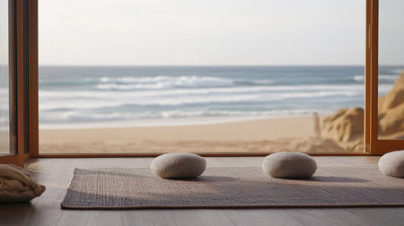 A serene beach scene viewed through an open window, featuring soft stones on the floor, perfect for promoting relaxation and mindfulness in a tranquil setting.の素材