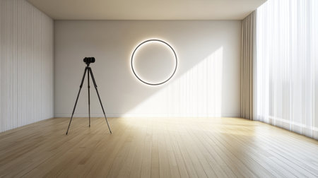 A minimalist photography studio features a camera on a tripod beside a circular light fixture. Natural sunlight streams through a window, illuminating the wooden floor.の素材