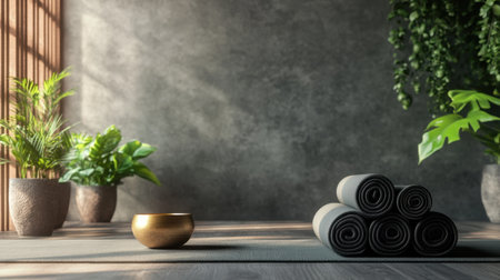 A tranquil yoga studio setup featuring rolled mats, a decorative bowl, and vibrant green plants basking in natural light. Perfect for relaxation and mindfulness.の素材