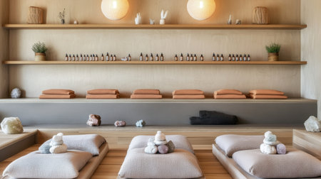 A serene spa setting featuring soft cushions, shelves lined with essential oils, and calming decor, perfect for relaxation and rejuvenation in a tranquil environment.の素材