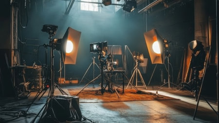 A well-equipped photographic studio featuring various lighting setups and camera gear, designed for professionals engaged in creative visual projects.の素材