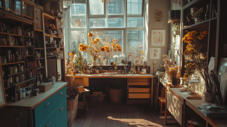 A serene indoor workspace illuminated by soft natural light, featuring vibrant sunflowers and organized art supplies, creating an inspiring and cozy atmosphere for creativity.の素材