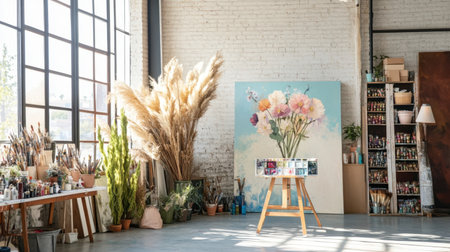A bright art studio showcasing a vibrant flower painting on an easel, surrounded by art supplies and plants, creating an inspiring and creative environment.の素材