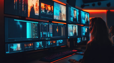 A professional editing suite with multiple monitors displays vibrant multimedia projects. A focused individual engages in creative work using advanced software tools.の素材