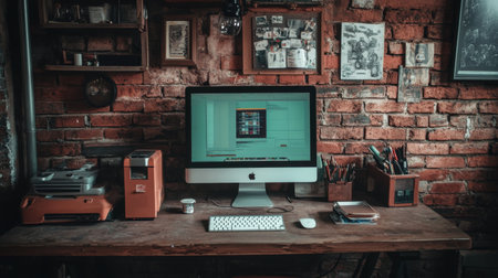A cozy creative workspace featuring a modern computer on a rustic wooden desk, surrounded by various stationery and decor against a textured brick wall.の素材