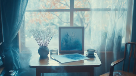 A warm and inviting indoor scene featuring a table with a floral arrangement, an artistic painting, and a soothing beverage, illuminated by natural light.の素材