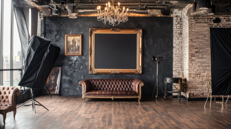 This elegant studio interior features a vintage leather sofa, a large empty frame, and professional photography equipment, creating a stylish artistic space.の素材