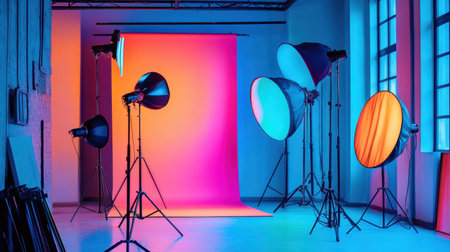 A vibrant photography studio featuring a colorful backdrop and professional lighting equipment, creating a dynamic environment perfect for artistic photo shoots.の素材