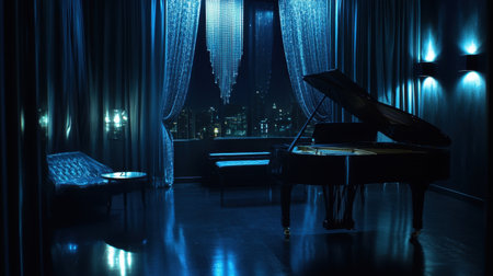 A stunning piano room featuring a grand piano illuminated by soft blue lighting. The elegant design showcases a city skyline view, perfect for evening relaxation.の素材