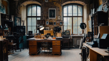 A nostalgic photography studio filled with antique equipment and framed photos. Natural light floods the rustic space, creating an inviting and artistic atmosphere.の素材