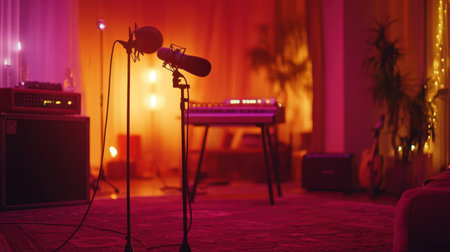 A vibrant home studio setup featuring microphones and musical equipment surrounded by warm lighting, perfect for creative music production and recording sessions.の素材