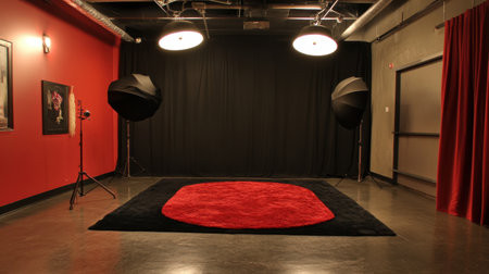 A versatile photography studio featuring a vivid red accent wall, black backdrop, soft lighting from above, and a plush red carpet; perfect for creative endeavors.の素材