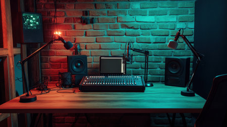 A visually striking recording studio featuring an audio mixer, microphones, and speakers, accentuated by colorful lighting against a rustic brick backdrop.の素材