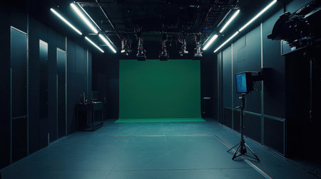 An empty modern studio featuring a green screen setup and professional lighting. Ideal for filming or photographic projects in a creative environment.の素材