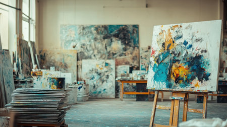 Explore a lively art studio filled with colorful abstract paintings and creative energy. This vibrant workspace inspires artists to create and express their artistic visions.の素材