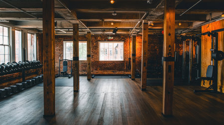 This modern gym features an inviting interior design with wooden beams and brick walls, creating a warm atmosphere for fitness activities and workouts.の素材