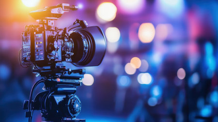 A sleek, professional video camera mounted on a tripod stands prominently, surrounded by a vibrant bokeh backdrop, perfect for capturing cinematic moments and visuals.の素材