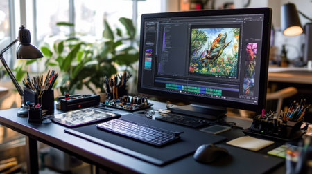 A neatly organized workspace featuring a computer displaying vibrant digital artwork. The environment includes creative tools, stationery, and lush indoor plants.の素材