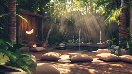 Discover a tranquil outdoor space filled with lush greenery and gentle sunlight. Experience peace beside a water feature and cozy cushions for relaxation.の素材